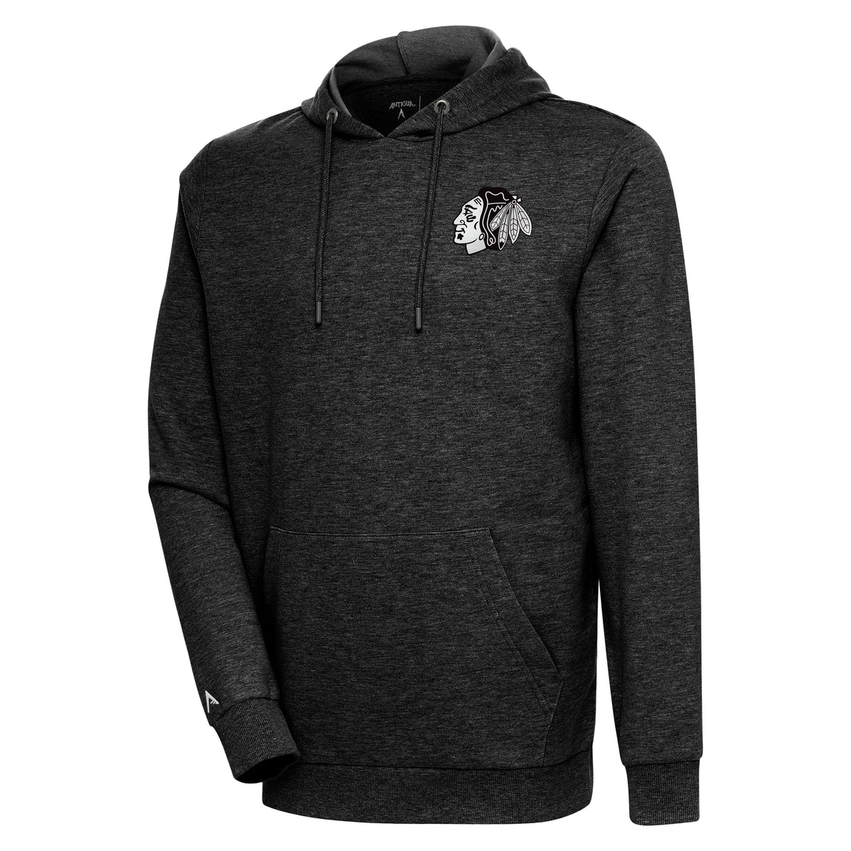 Chicago Blackhawks Antigua Heather Black Action Pullover Hoodie for Men product image 1, provided for visual reference and