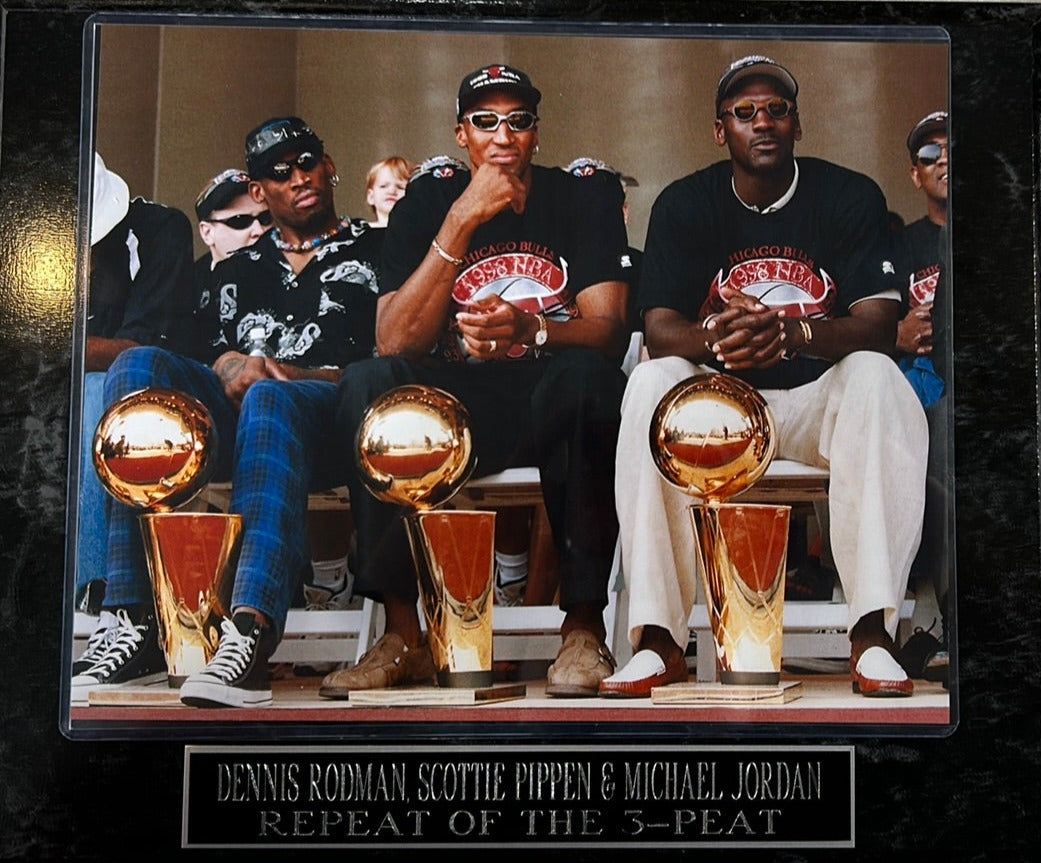 Chicago Bulls Dennis Rodman, Michael Jordan, & Scottie Pippen "Repeat of the 3-Peat" Photo Plaque product image 1, provided
