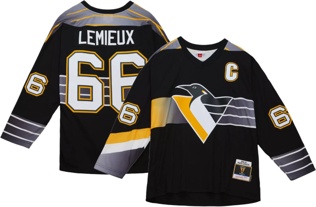 Mario Lemieux Pittsburgh Penguins Mitchell & Ness 1996/97 Captain Patch Blue Line Player Jersey - Black product image 1,