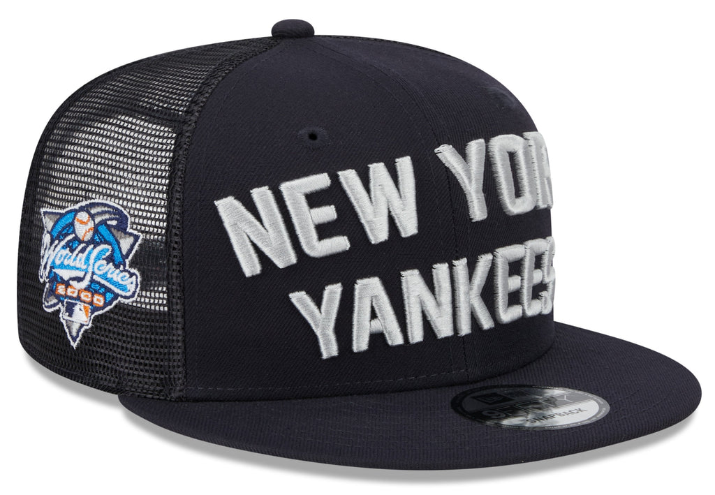 New York Yankees New Era Navy Stacked 9FIFTY Mesh Trucker Snapback Hat product image 1, provided for visual reference and