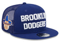 Brooklyn Dodgers New Era Blue Stacked 9FIFTY Mesh Trucker Snapback Hat product image 1, provided for visual reference and