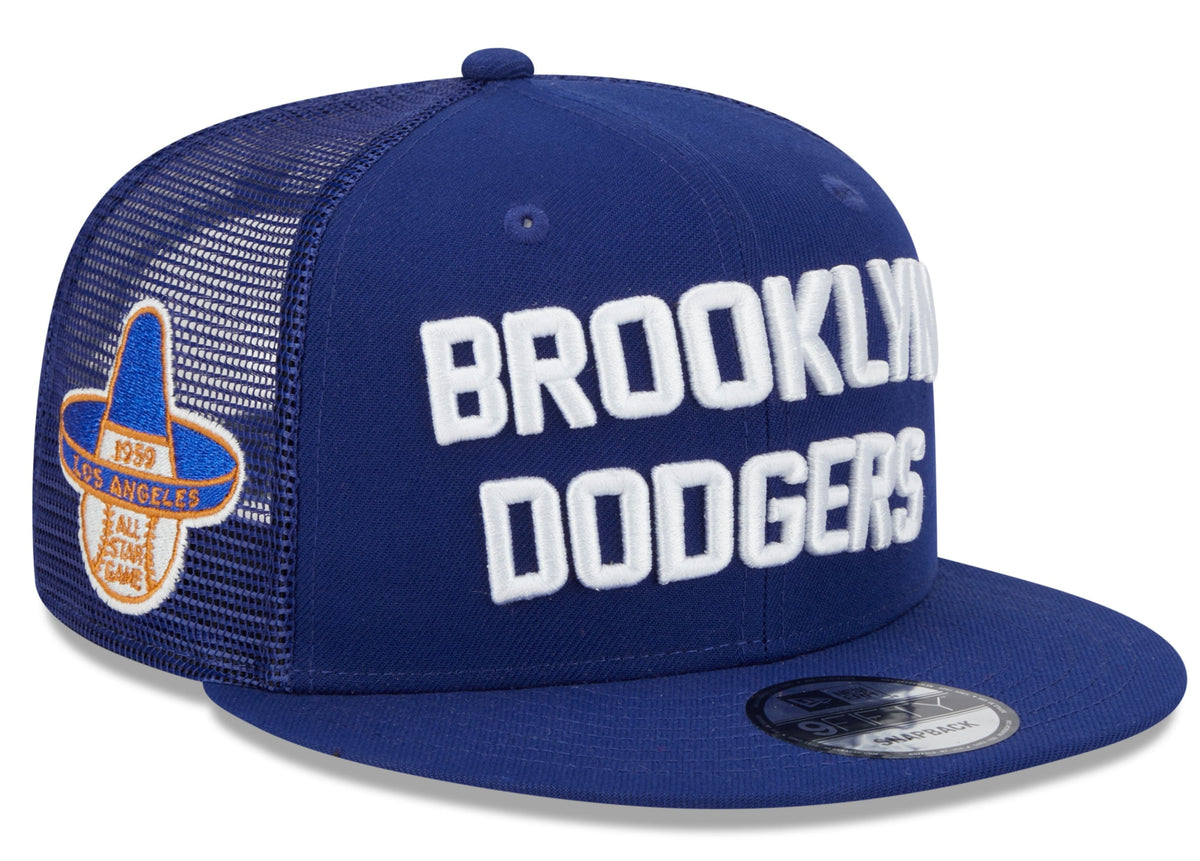 Brooklyn Dodgers New Era Blue Stacked 9FIFTY Mesh Trucker Snapback Hat product image 1, provided for visual reference and