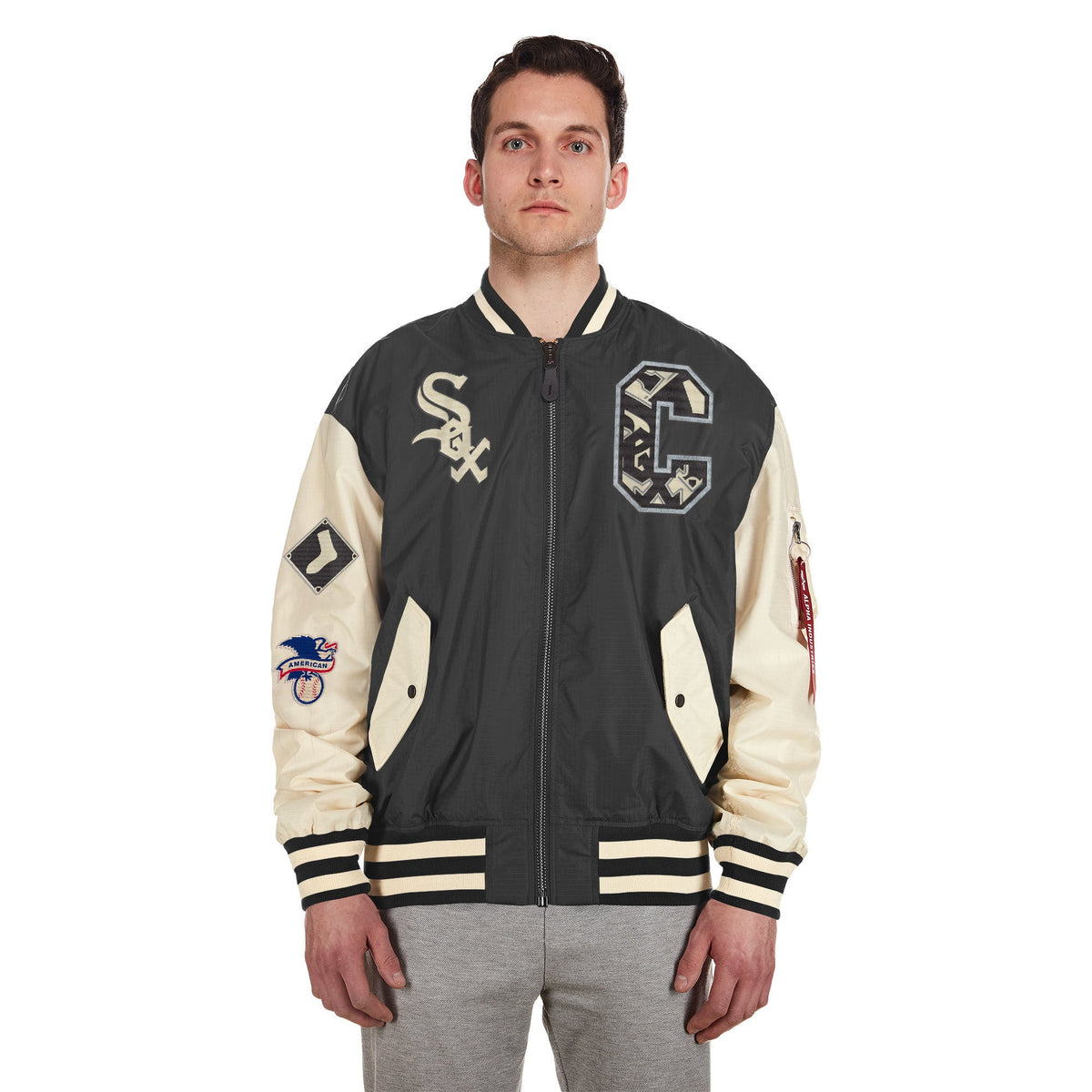 Chicago White Sox Alpha Industries X New Era Black/Off White L-2B Flight Jacket for Men product image 8, provided for visual
