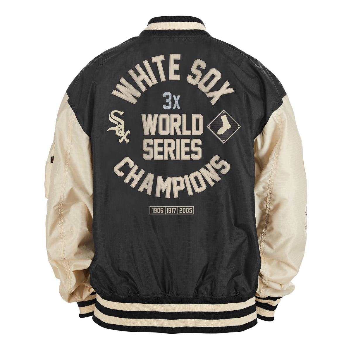 Chicago White Sox Alpha Industries X New Era Black/Off White L-2B Flight Jacket for Men product image 2, provided for visual
