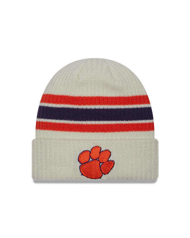 Clemson Tigers New Era Off White Vintage Cuffed Knit Hat product image 2, provided for visual reference and product detail