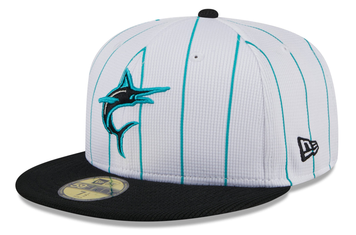 Miami Marlins White 2024 Batting Practice 59FIFTY Fitted Hat for Men product image 1, provided for visual reference and
