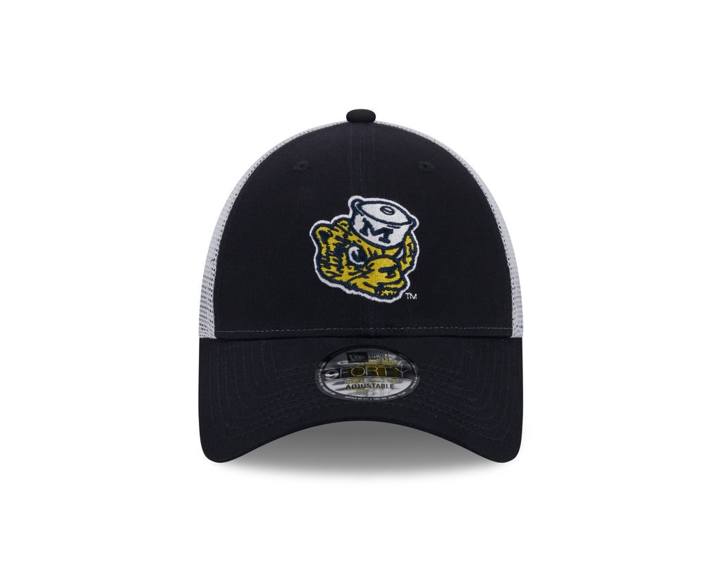 Michigan Wolverines New Era Vault Navy/White Trucker 9FORTY Adjustable Hat product image 2, provided for visual reference