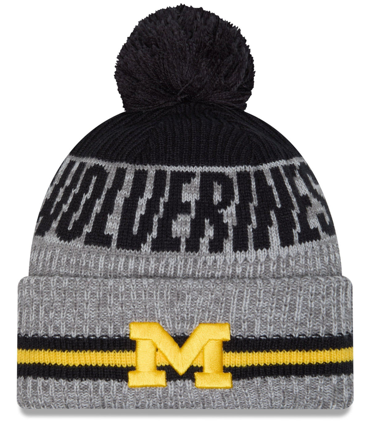 Michigan Wolverines New Era Gray/Blue Runner Cuffed Pom Knit Hat for Men product image 1, provided for visual reference and