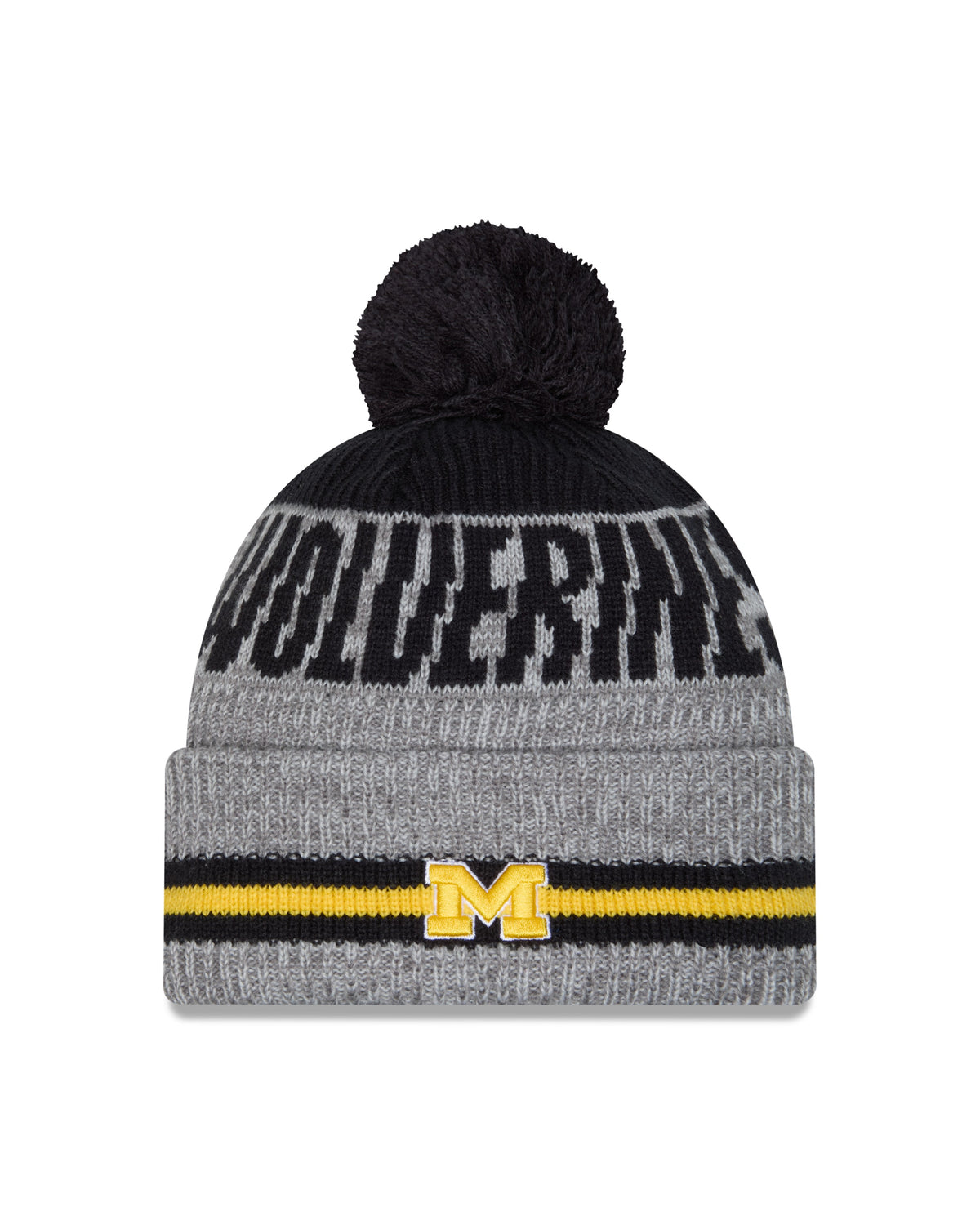 Michigan Wolverines New Era Gray/Blue Runner Cuffed Pom Knit Hat for Men product image 2, provided for visual reference and