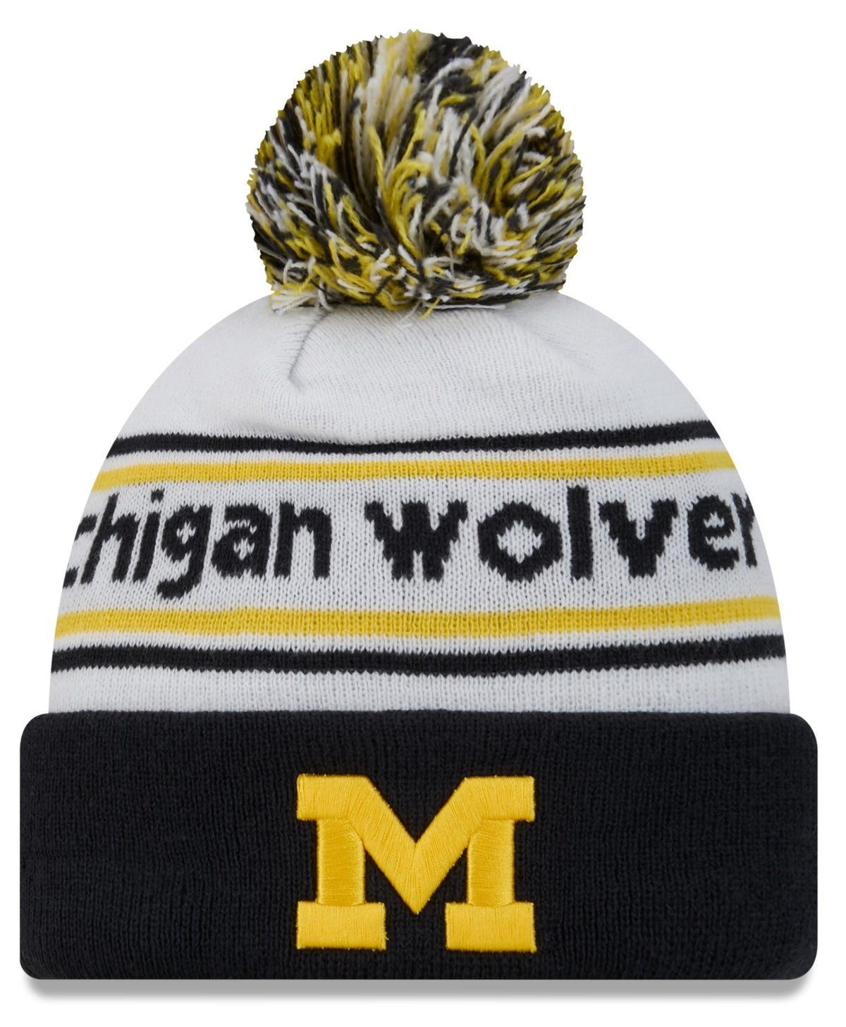 Michigan Wolverines New Era White/Blue Banded Cuffed Pom Knit Hat for Men product image 1, provided for visual reference and