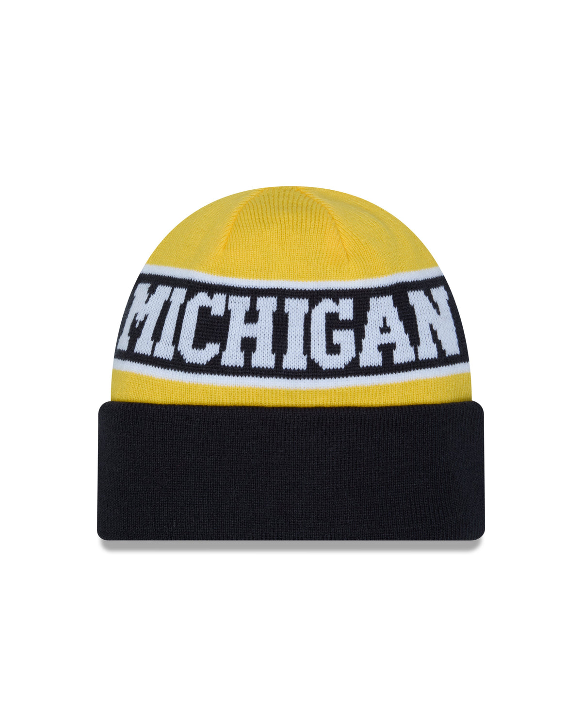 Michigan Wolverines New Era Maize and Blue Reversible Cuffed Knit Hat for Men product image 2, provided for visual reference