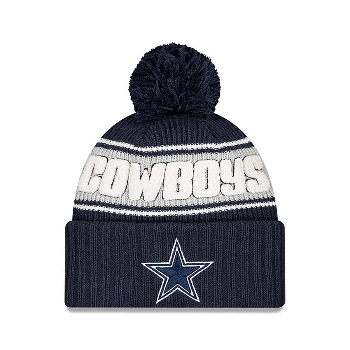 Dallas Cowboys New Era 2024 NFL Sideline Navy Cuffed Pom Knit Hat product image 2, provided for visual reference and product