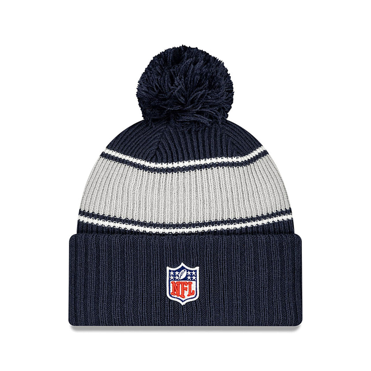 Dallas Cowboys New Era 2024 NFL Sideline Navy Cuffed Pom Knit Hat product image 3, provided for visual reference and product