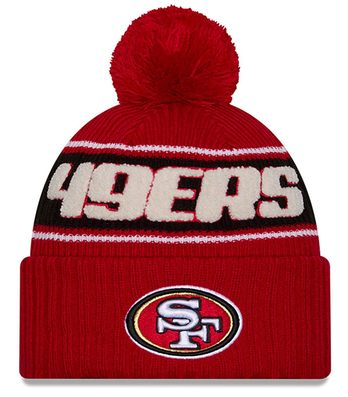 San Francisco 49ers New Era 2024 NFL Sideline Red Cuffed Pom Knit Hat product image 1, provided for visual reference and