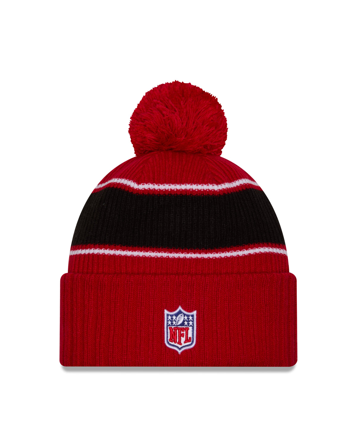 San Francisco 49ers New Era 2024 NFL Sideline Red Cuffed Pom Knit Hat product image 2, provided for visual reference and