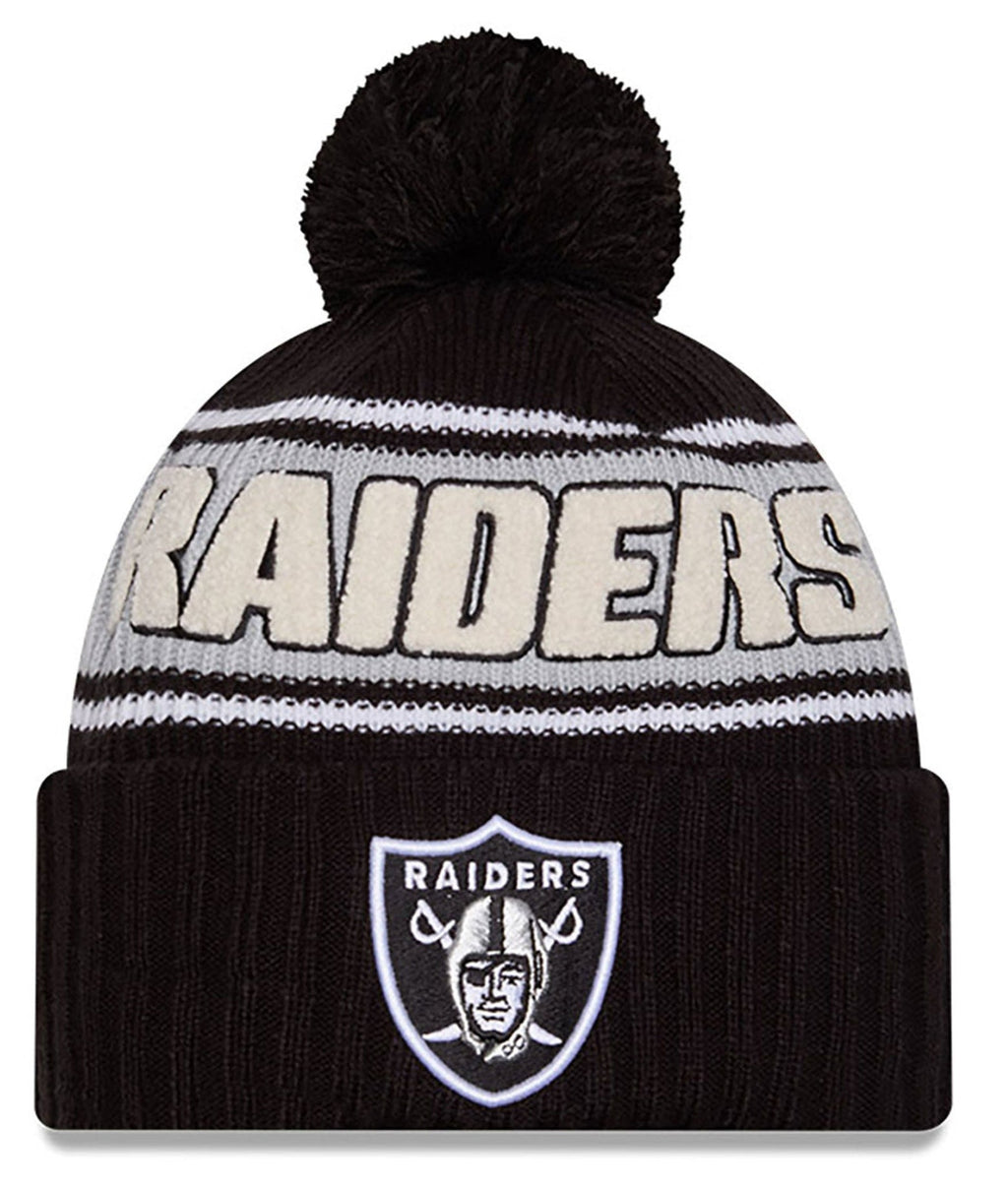 Las Vegas Raiders New Era 2024 NFL Sideline Black Cuffed Pom Knit Hat product image 1, provided for visual reference and