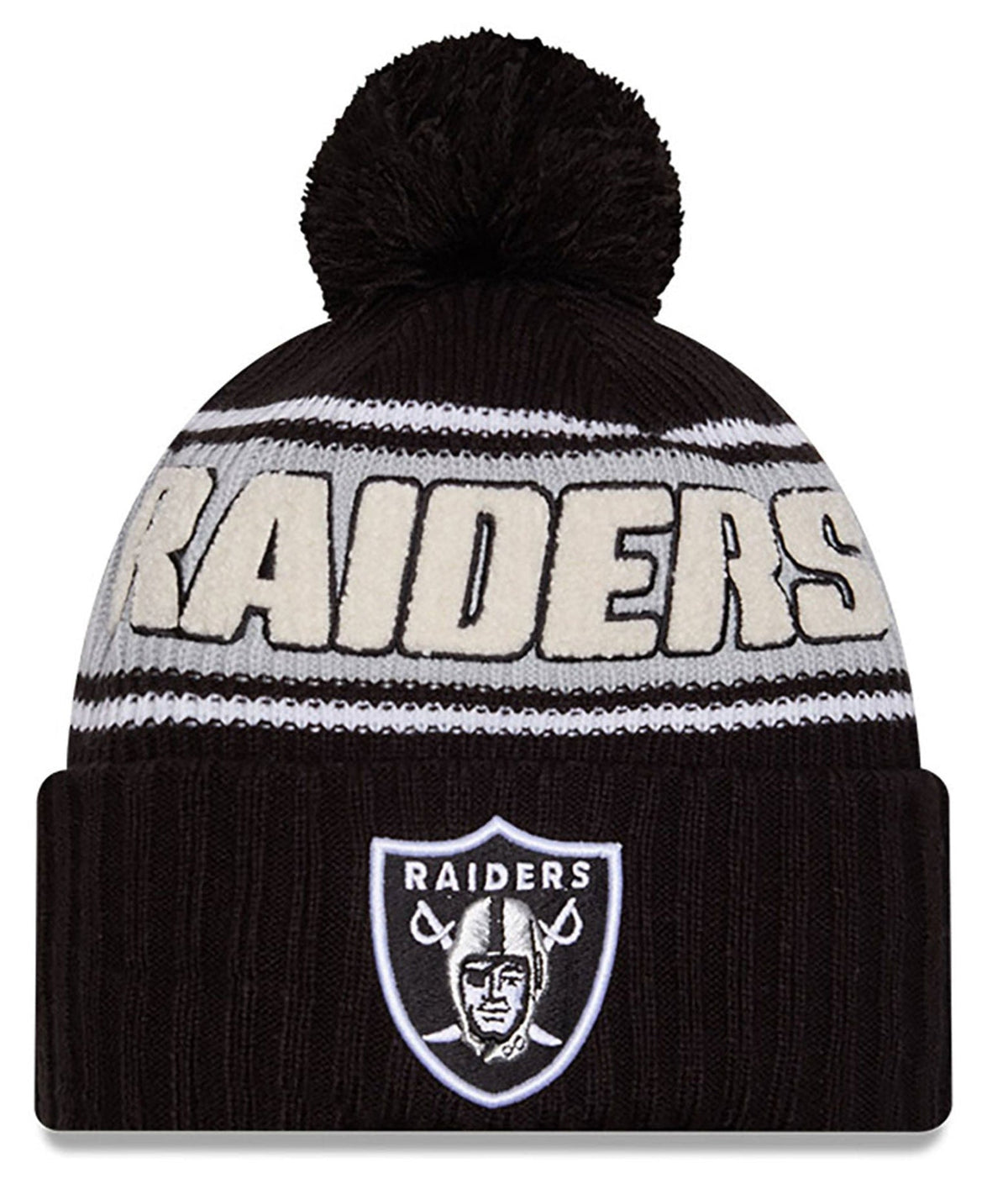 Las Vegas Raiders New Era 2024 NFL Sideline Black Cuffed Pom Knit Hat product image 1, provided for visual reference and