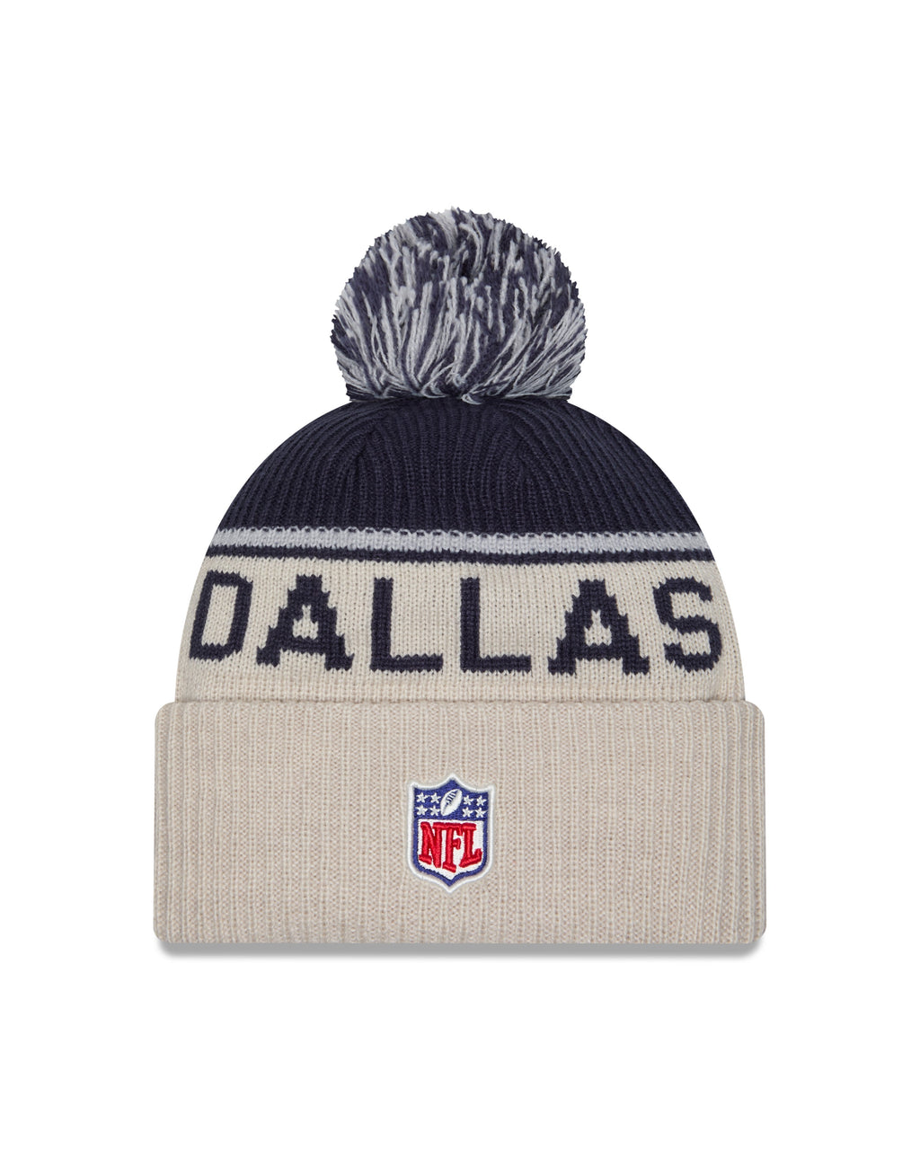 Dallas Cowboys New Era 2024 NFL Sideline Historic Stone/ Navy Cuffed Pom Knit Hat product image 3, provided for visual