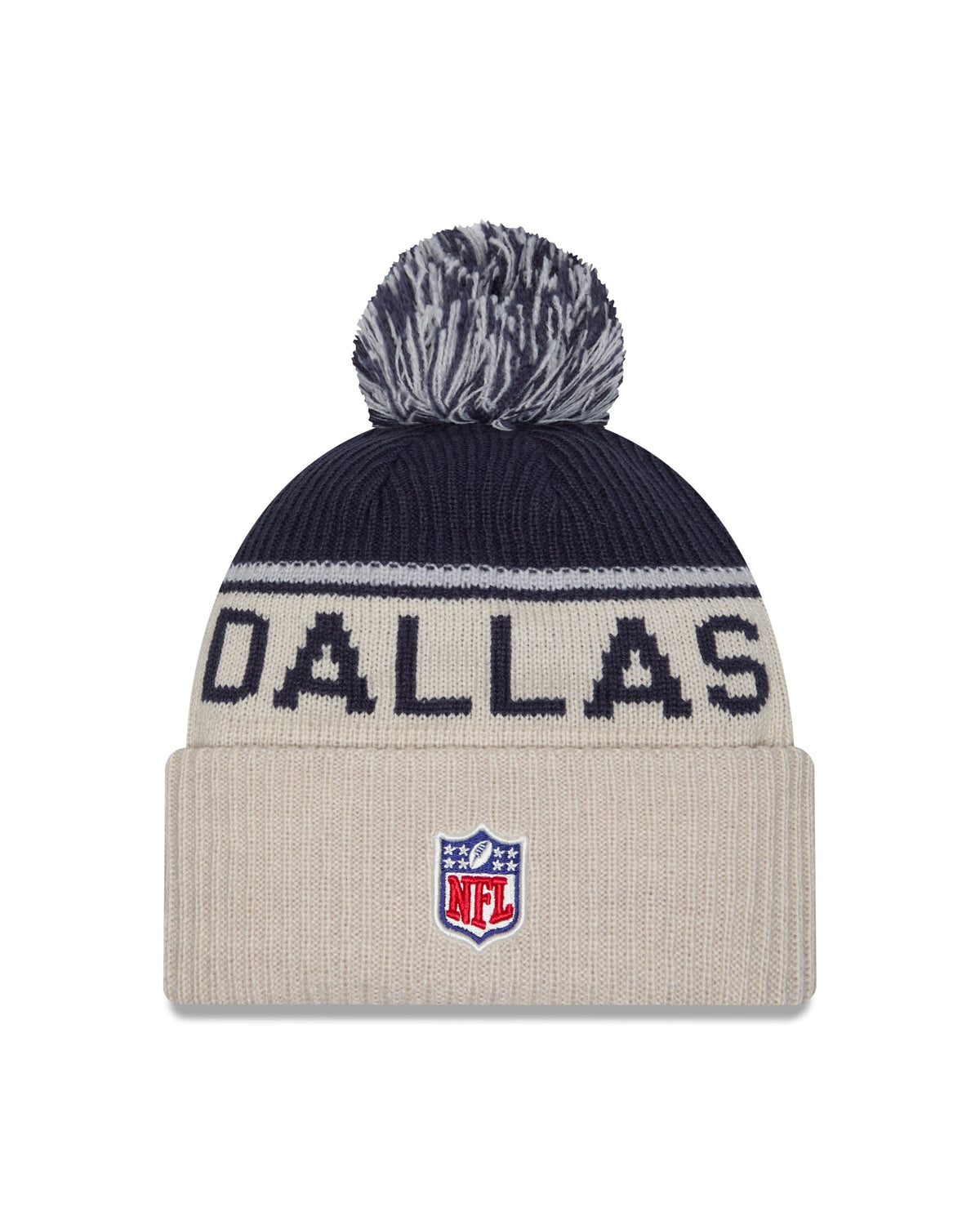 Dallas Cowboys New Era 2024 NFL Sideline Historic Stone/ Navy Cuffed Pom Knit Hat product image 3, provided for visual