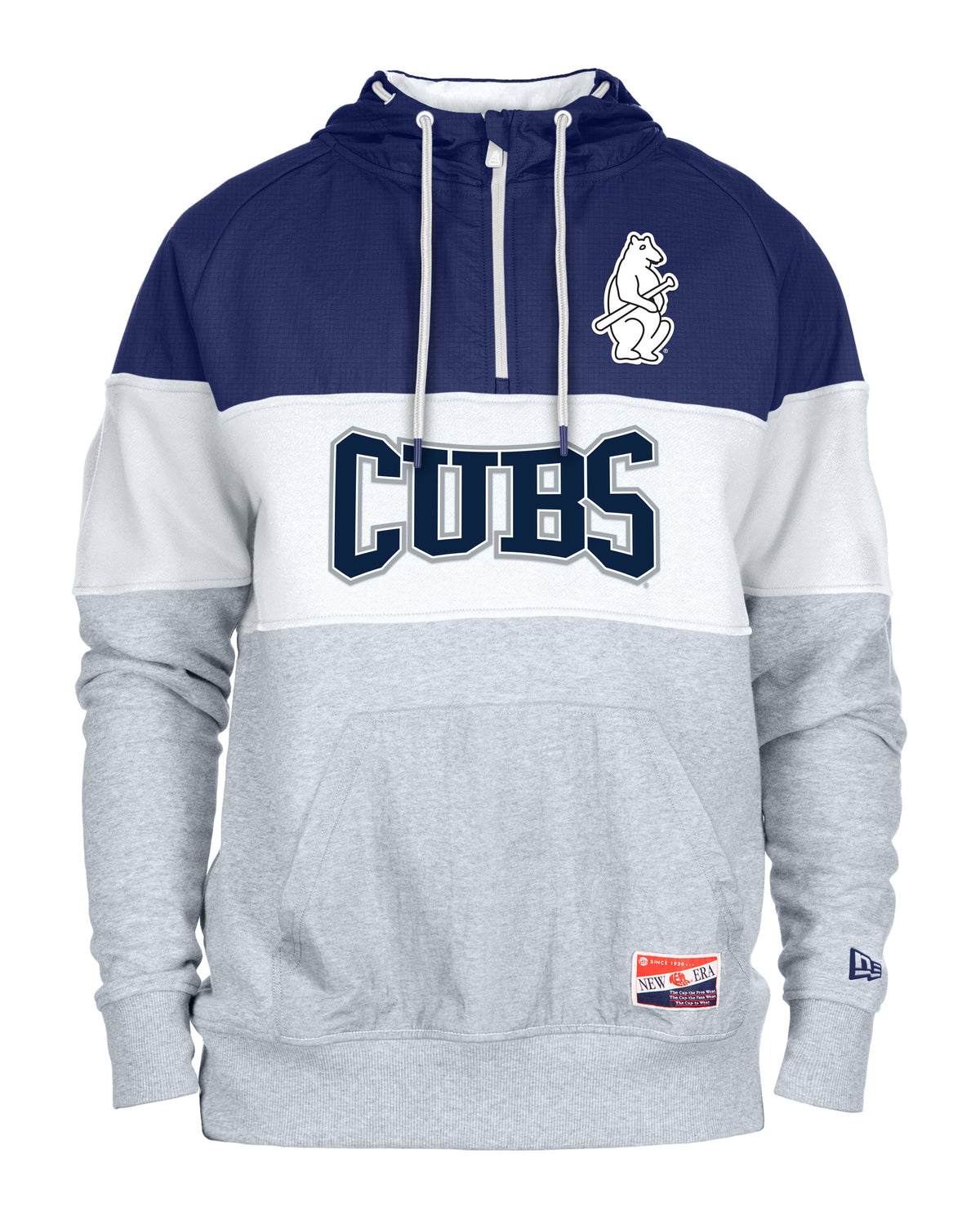 Mens Chicago Cubs Cooperstown New Era White/Blue/Gray Half Zip Hoodie product image 1, provided for visual reference and