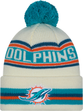 Miami Dolphins New Era Off White Knit Classic Cuffed Pom Knit product image 1, provided for visual reference and product