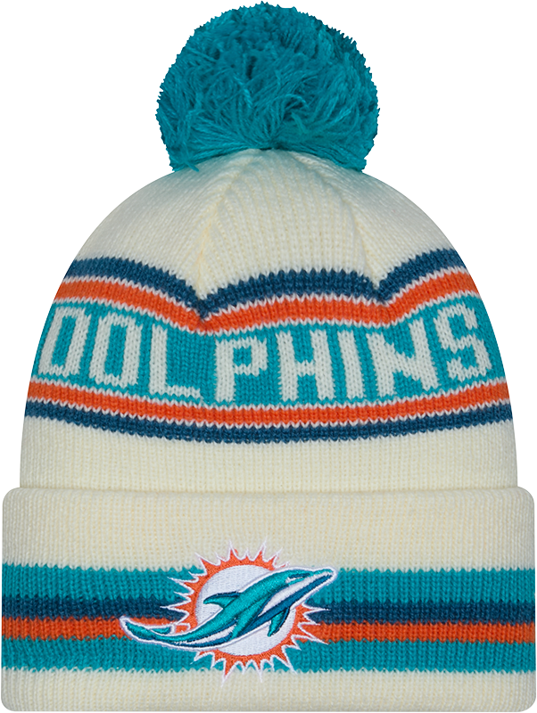 Miami Dolphins New Era Off White Knit Classic Cuffed Pom Knit product image 1, provided for visual reference and product