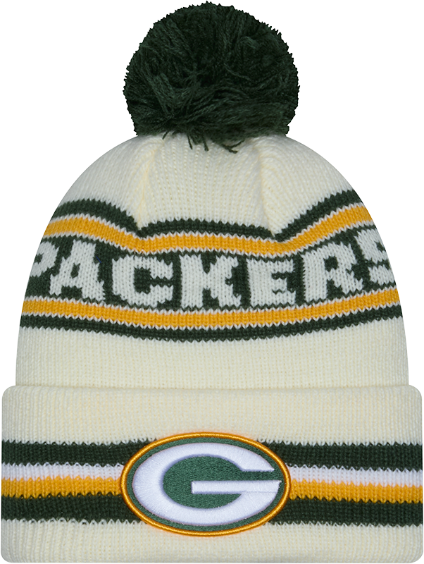 Green Bay Packers New Era Off White Knit Classic Cuffed Pom Knit product image 1, provided for visual reference and product