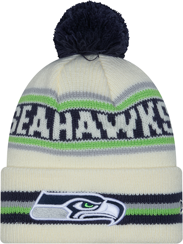 Seattle Seahawks New Era Off White Knit Classic Cuffed Pom Knit product image 1, provided for visual reference and product