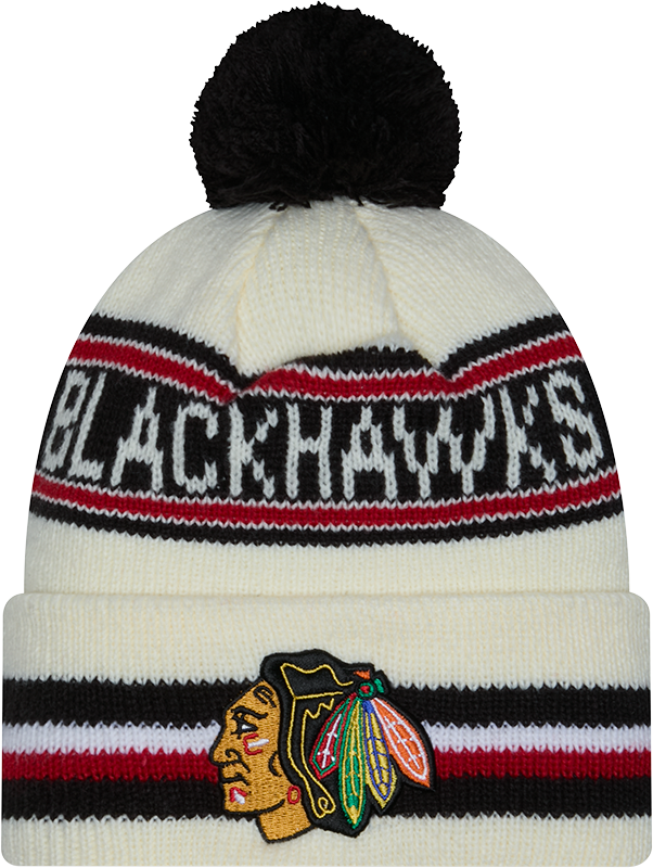 Chicago Blackhawks Off White New Era Knit Classic Cuffed Pom Knit product image 1, provided for visual reference and product