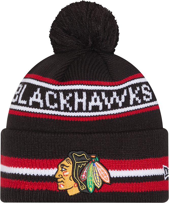 Chicago Blackhawks Black New Era Knit Classic Cuffed Pom Knit product image 1, provided for visual reference and product