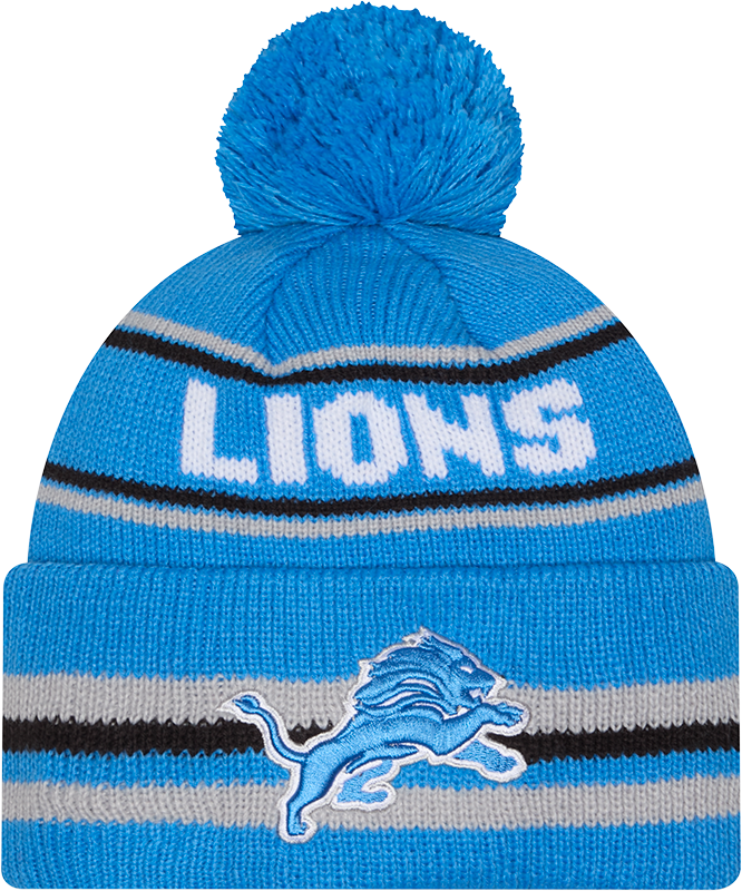 Detroit Lions Blue New Era Knit Classic Cuffed Pom Knit product image 1, provided for visual reference and product detail