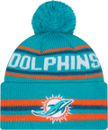 Miami Dolphins Aqua New Era Knit Classic Cuffed Pom Knit product image 1, provided for visual reference and product detail