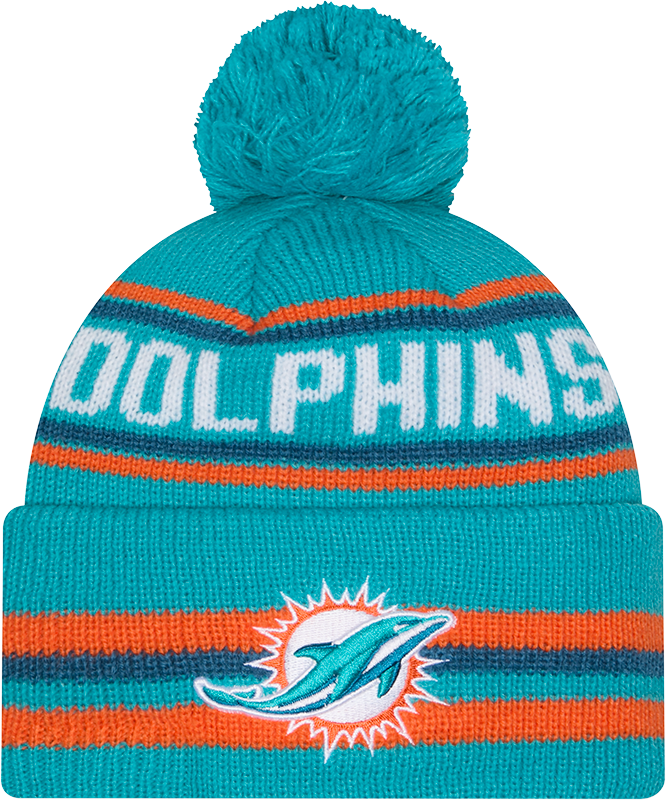 Miami Dolphins Aqua New Era Knit Classic Cuffed Pom Knit product image 1, provided for visual reference and product detail