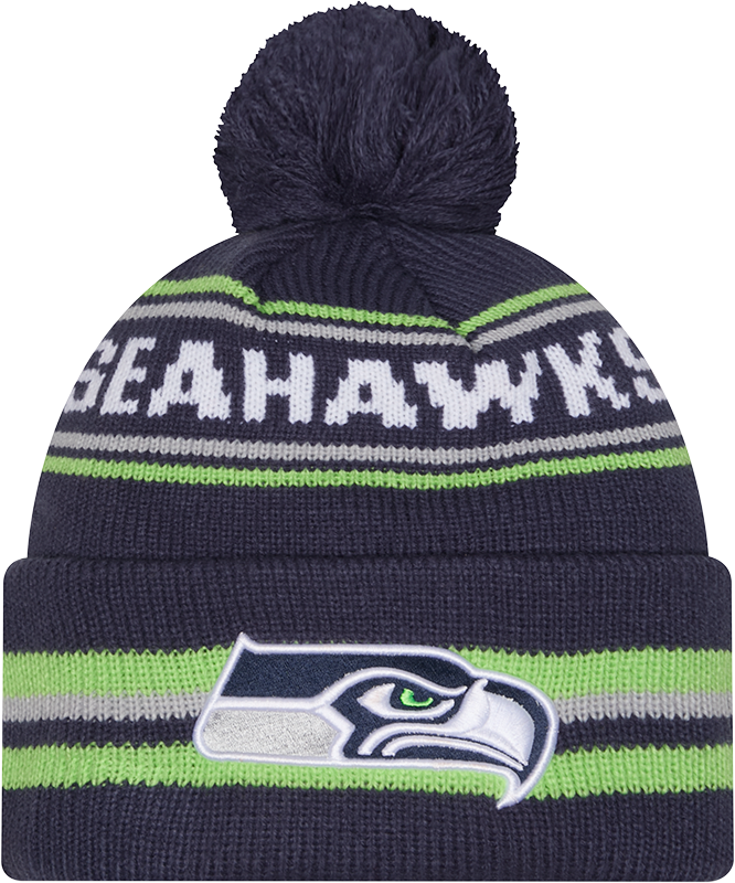 Seattle Seahawks Navy New Era Knit Classic Cuffed Pom Knit product image 1, provided for visual reference and product detail