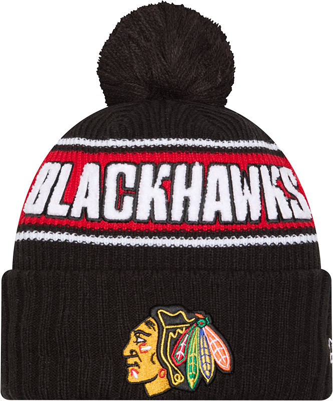 Chicago Blackhawks New Era Bold Knit Cuffed Knit Hat with Pom -Black product image 1, provided for visual reference and