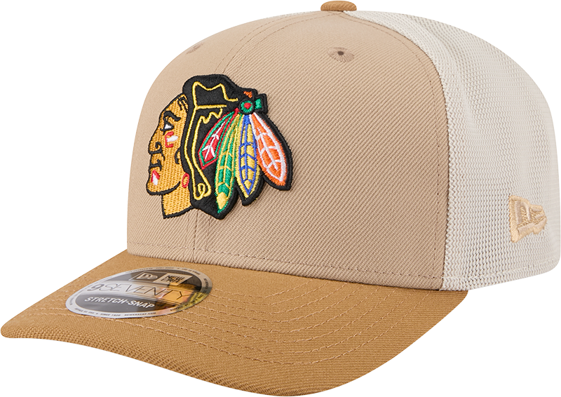 Chicago Blackhawks New Era 2T Tan 9SEVENTY Trucker Adjustable Hat product image 1, provided for visual reference and product