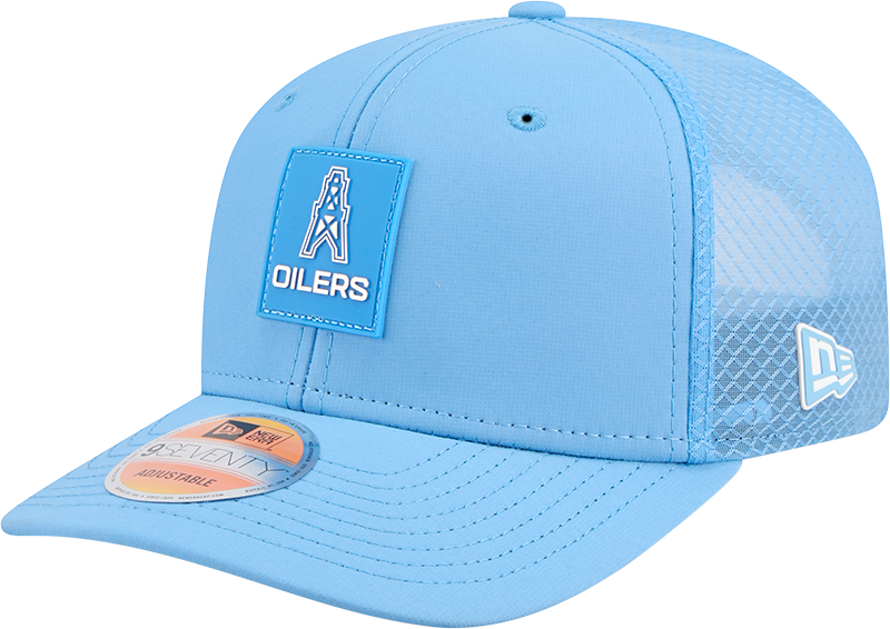 Houston Oilers New Era Blue 2025 Sideline 9SEVENTY Trucker Adjustable Hat for Men product image 1, provided for visual