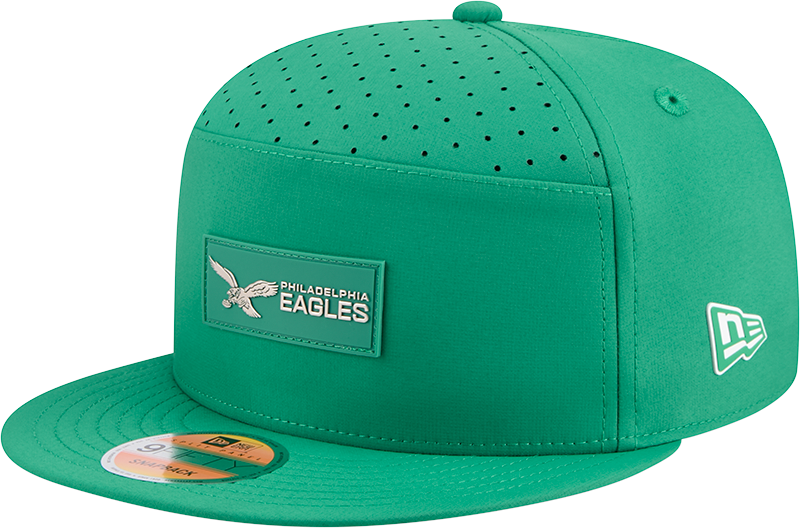 Philadelphia Eagles New Era Kelly Green 2025 Sideline Split Panel 9FIFTY Snapback Hat for Men product image 1, provided for