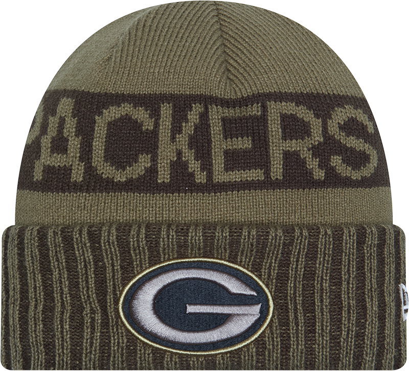 Green Bay Packers New Era Green 2025 NFL Sideline Salute To Service Cuffed Knit Hat product image 1, provided for visual