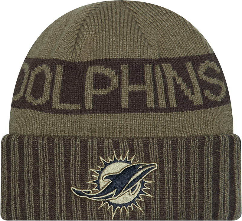 Miami Dolphins New Era Green 2025 NFL Sideline Salute To Service Cuffed Knit Hat product image 1, provided for visual