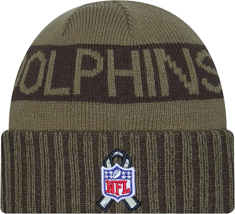 Miami Dolphins New Era Green 2025 NFL Sideline Salute To Service Cuffed Knit Hat product image 3, provided for visual
