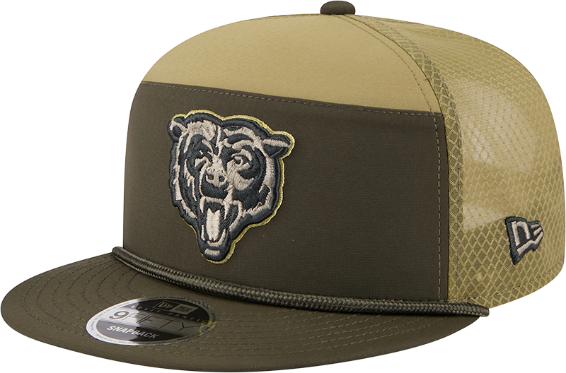 Chicago Bears New Era Green 2025 Salute To Service Sideline Split Panel 9FIFTY Snapback Trucker Hat for Men product image 3,