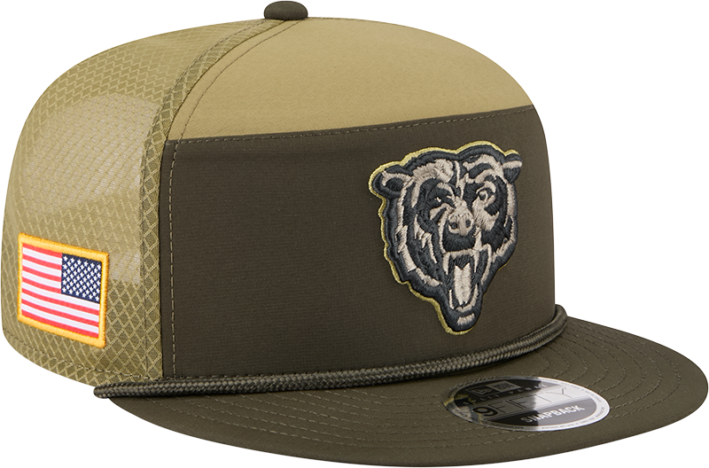 Chicago Bears New Era Green 2025 Salute To Service Sideline Split Panel 9FIFTY Snapback Trucker Hat for Men product image 1,