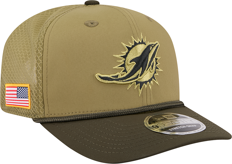 Miami Dolphins New Era Green 2025 Salute To Service Sideline 9SEVENTY Trucker Adjustable Hat for Men product image 1,