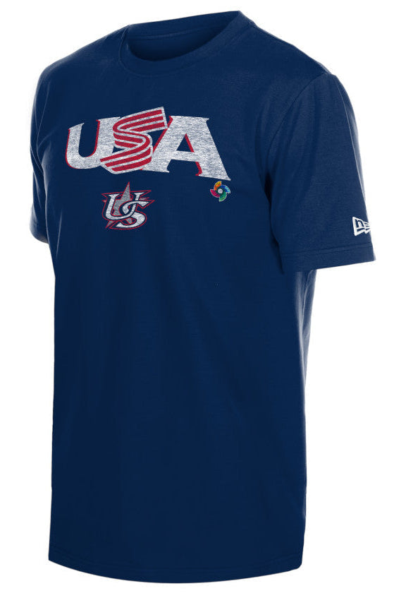 USA Baseball New Era 2026 World Baseball Classic Wordmark T-Shirt - Navy product image 1, provided for visual reference and