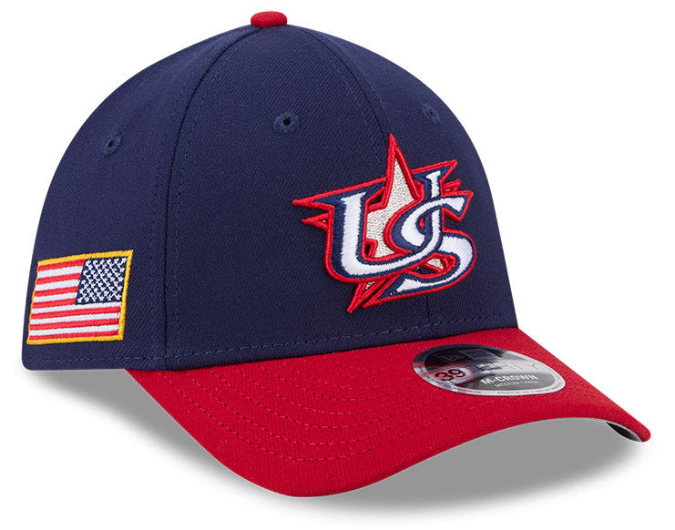 USA Baseball New Era 2026 World Baseball Classic M-Crown 39THIRTY Flex Hat - Navy/Red product image 1, provided for visual