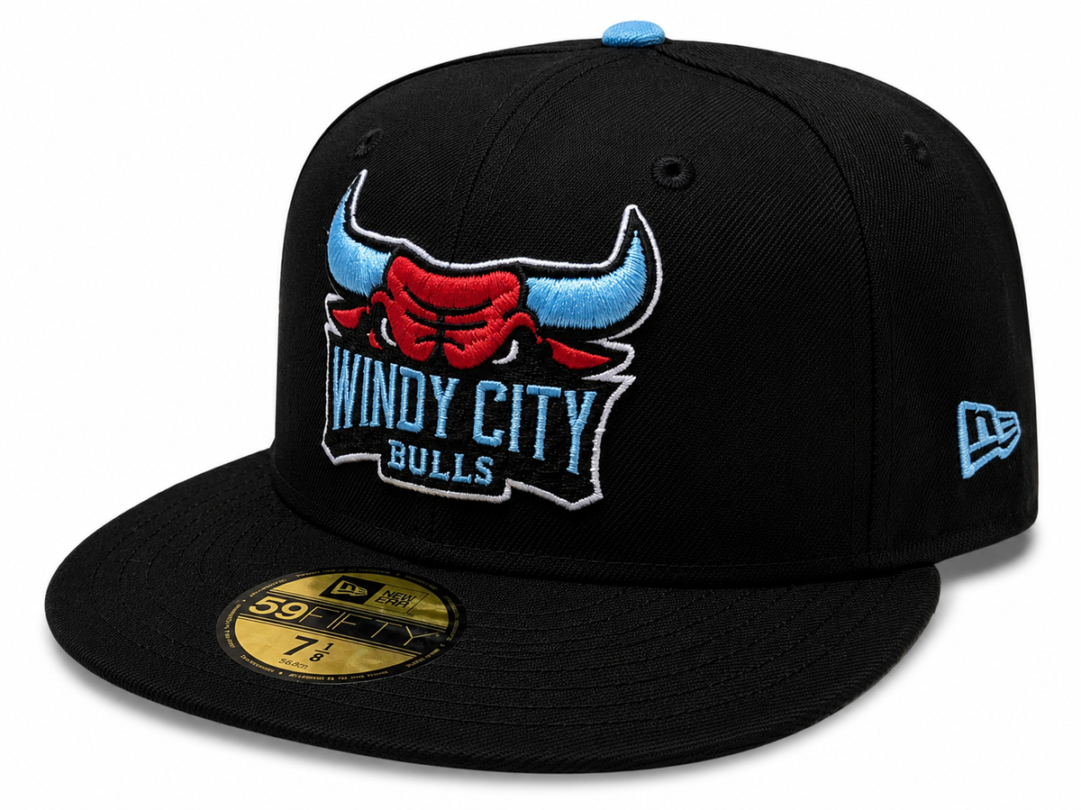 Windy City Bulls New Era Black Sky 59FIFTY Fitted Hat product image 1, provided for visual reference and product detail