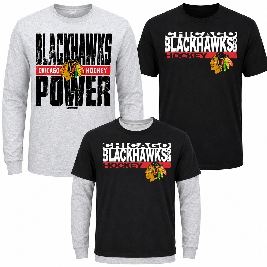 NHL Chicago Blackhawks Youth Reebok Black/Gray 2 In One Long Sleeve/Short Sleeve Combo T-Shirt product image 1, provided for