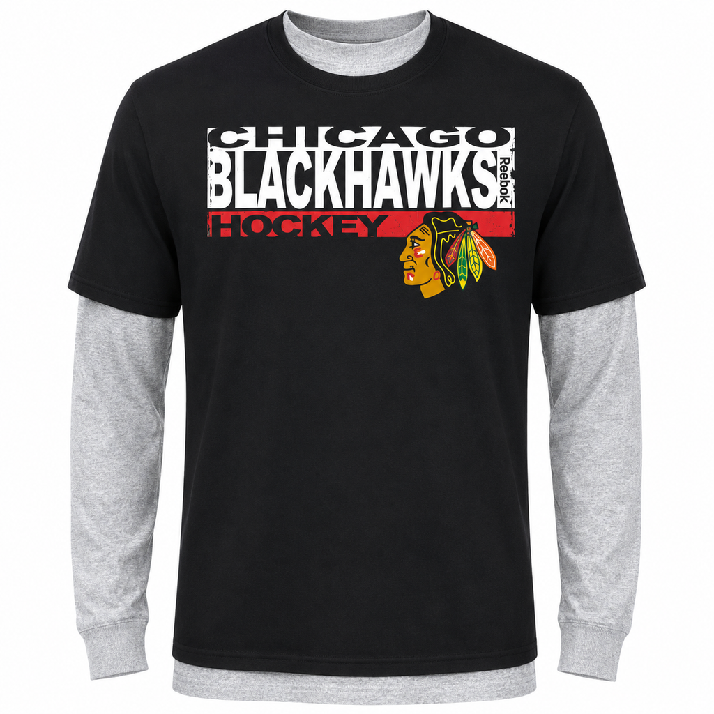 NHL Chicago Blackhawks Youth Reebok Black/Gray 2 In One Long Sleeve/Short Sleeve Combo T-Shirt product image 4, provided for