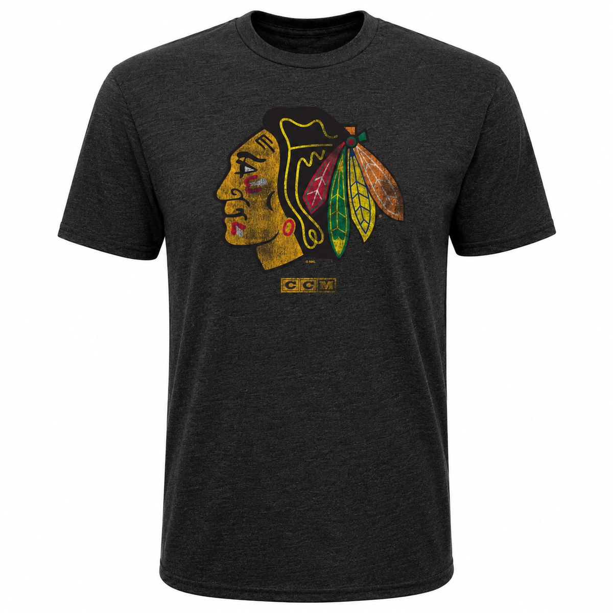 CCM Chicago Blackhawks Youth Heather Black Faded Logo T-Shirt product image 1, provided for visual reference and product